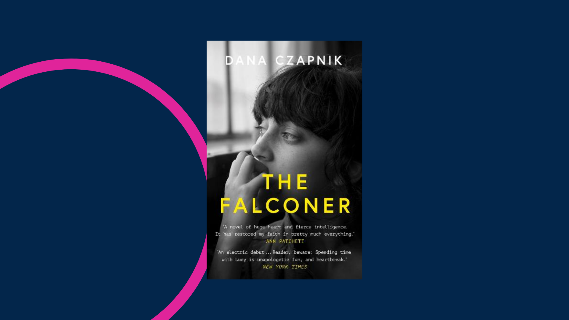Cover of The Falconer on a graphic background. Cover is a photo of a young woman staring out of a window in black and white.